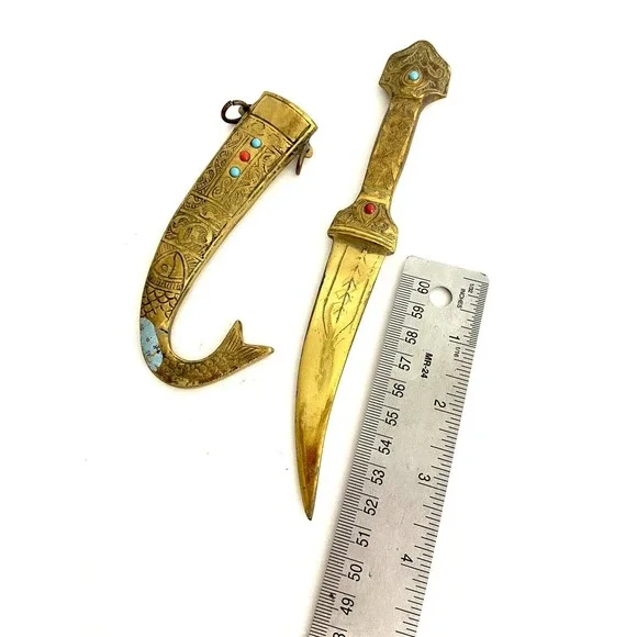 VTG Antique Nazareth Brass Engraved Fish Men Jewels Knife 4” Blade With Casing